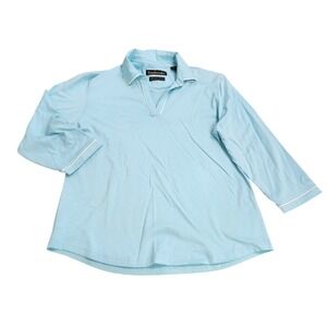 Womens Light Blue 3/4 Sleeve Knit Polo Top V-Neck White Piping Trim Size XL